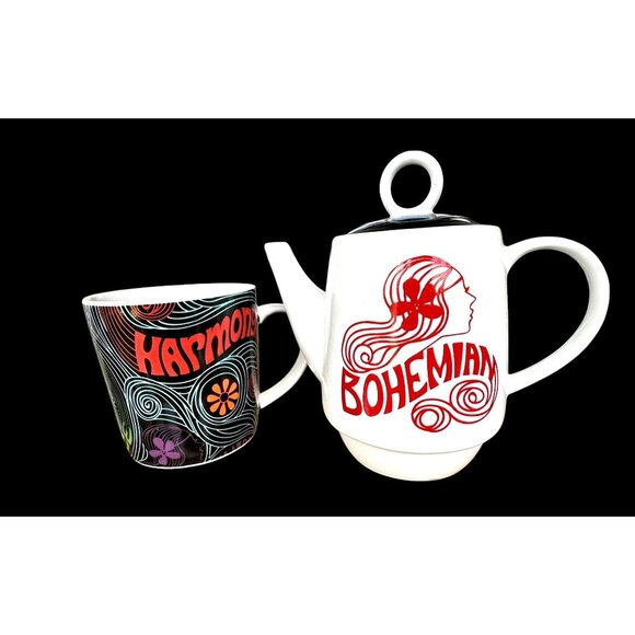 Tea for One Tea Pot Cup Set Stackable Bohemian Harmony Peace Gift Hippie Boxed - Picture 3 of 12